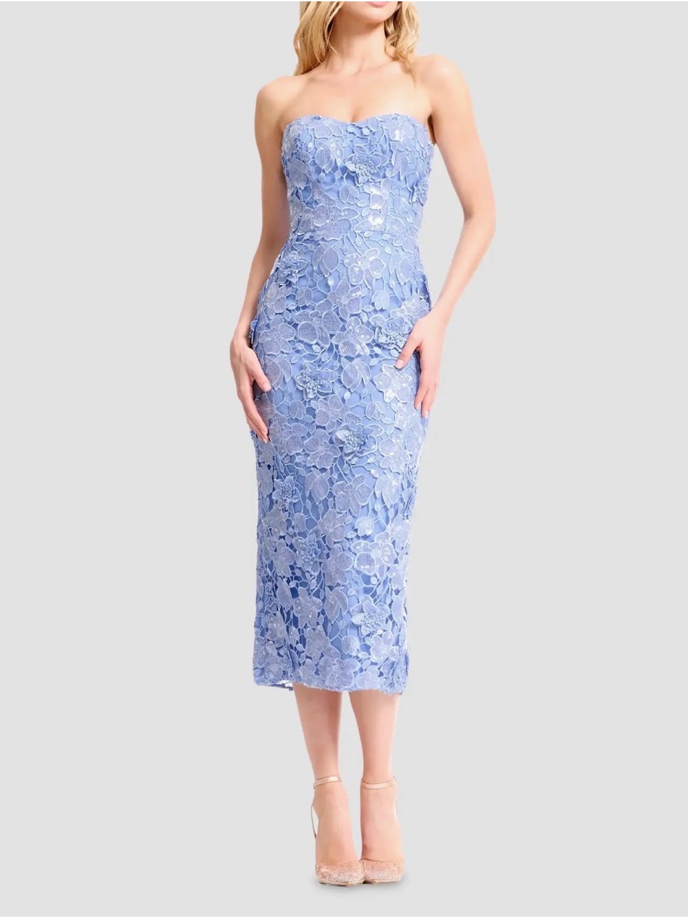 Dress The Population Shailene Floral Lace Strapless Midi Dress
